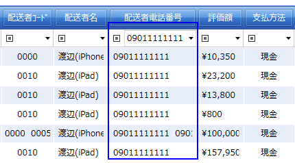 配送者電話番号「09011111111」を含む伝票で絞り込み